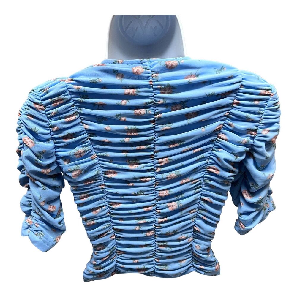 ZARA Blouse Blue Floral Tulle Ruched Cropped Feminine - Picture 3 of 13